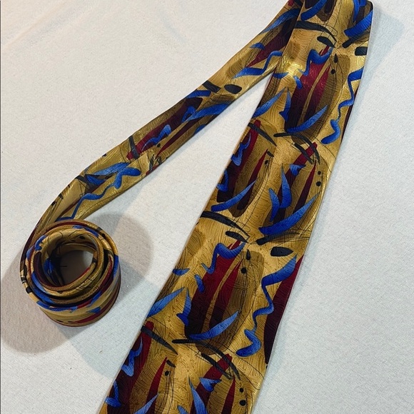 J. Garcia Wetlands 1 Collection Gold and Blue Silk Tie with Classic Stripes - Picture 9 of 9